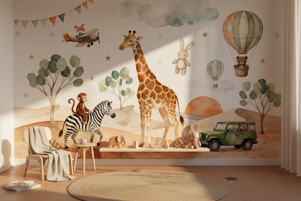 Baby Nursery Peel And Stick Wallpaper - Cartoon dieren muurschildering kinderkamer aquarel safari