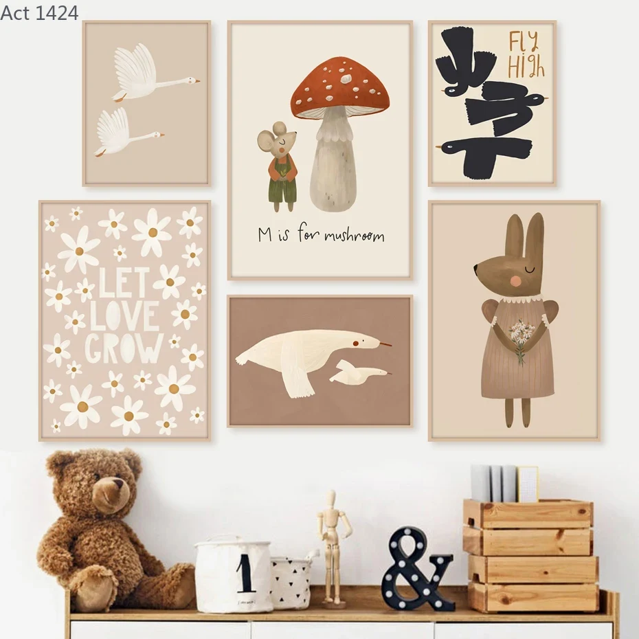 Baby Nursery Frames - Boho Cartoon Konijn Muis Gans Posters